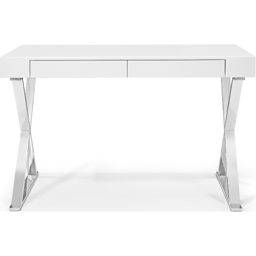 Elm 47" 2 Drawer Desk in High Gloss White on Stainless Steel Base